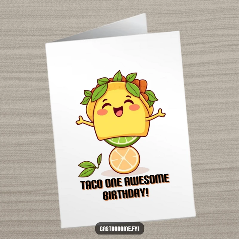 Funny Free Printable Taco Birthday Card: Thrilled taco character expertly balancing a mini lime, ready to party.