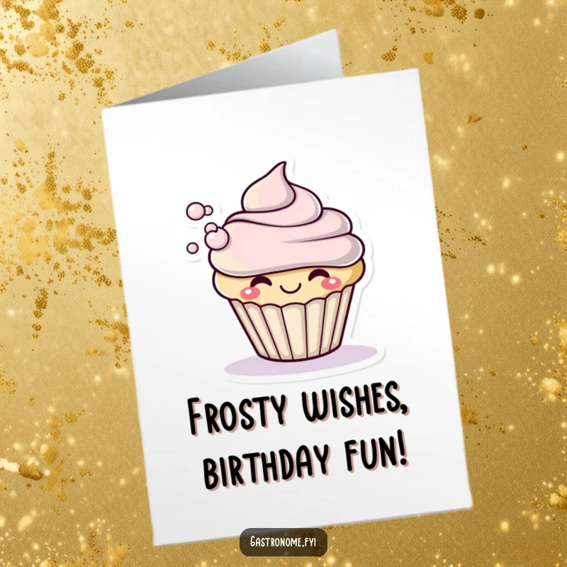 Funny Free Printable Birthday Card shows a smiling cupcake character dramatically blowing a small puff of frosting.