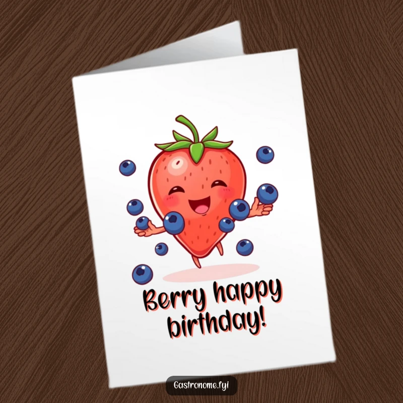 Funny Free Printable Birthday Card features a cheerful strawberry character gleefully juggling tiny blueberries with a smile.