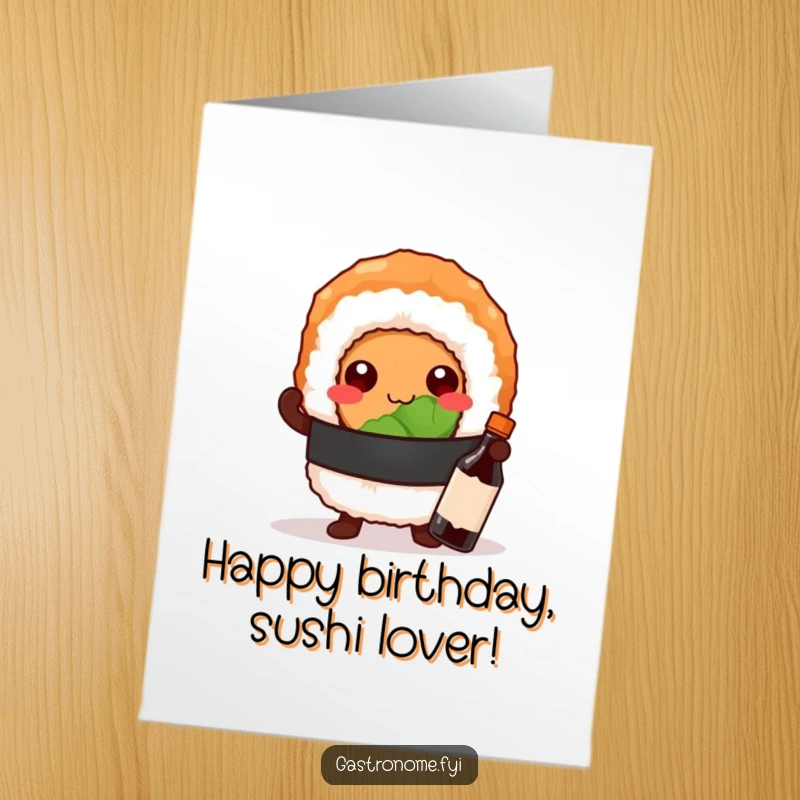 Funny Free Printable Birthday Card: A proud sushi roll character poses with a tiny soy sauce bottle, looking cool.