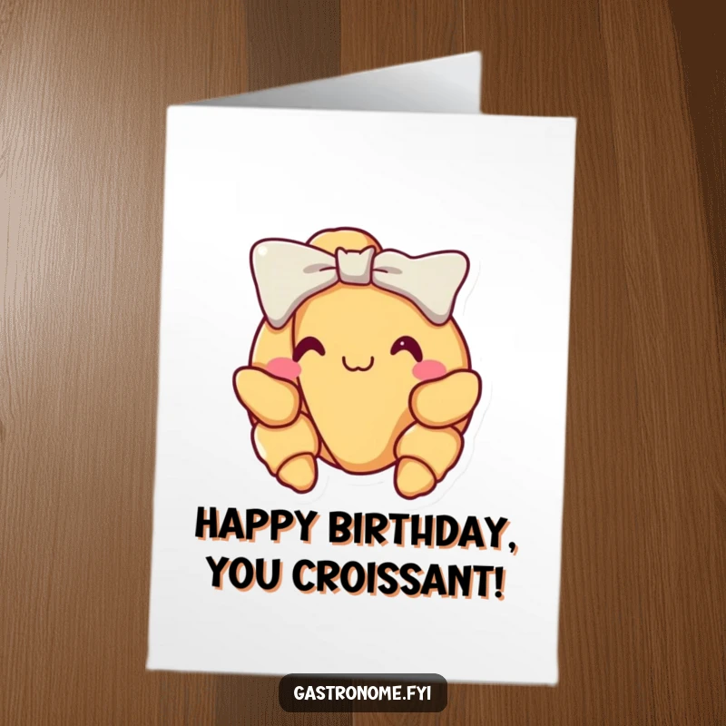 Funny Free Printable Birthday Card: A delighted croissant performs a proud little bow, wishing a happy birthday with flair.