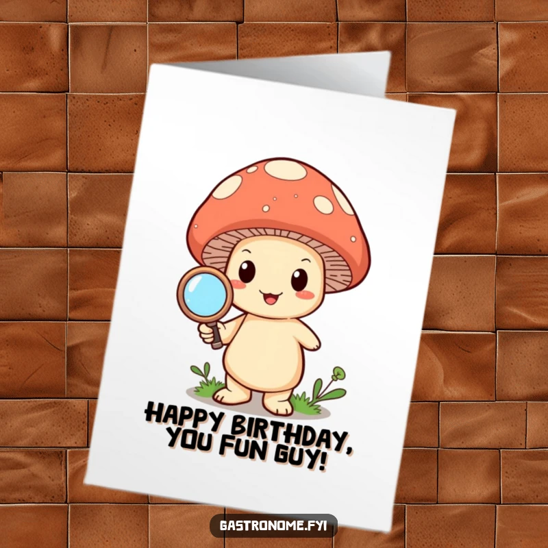 Funny Free Printable Mushroom Birthday Card: Happy mushroom character holding a magnifying glass, looking closely at birthday wishes.