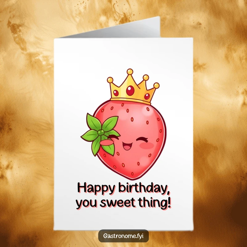 Funny Free Printable Strawberry Birthday Card: Beaming strawberry character wearing a tiny crown, celebrating a birthday with royal flair.