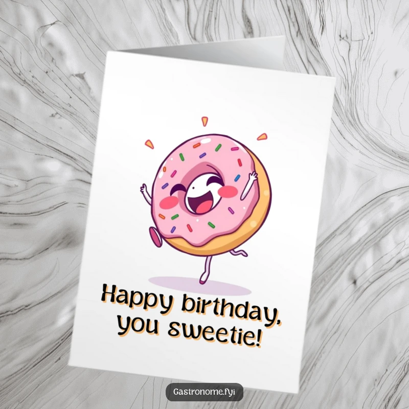 Funny Free Printable Birthday Card: A giggling donut with colorful sprinkles does a cartwheel with glee.