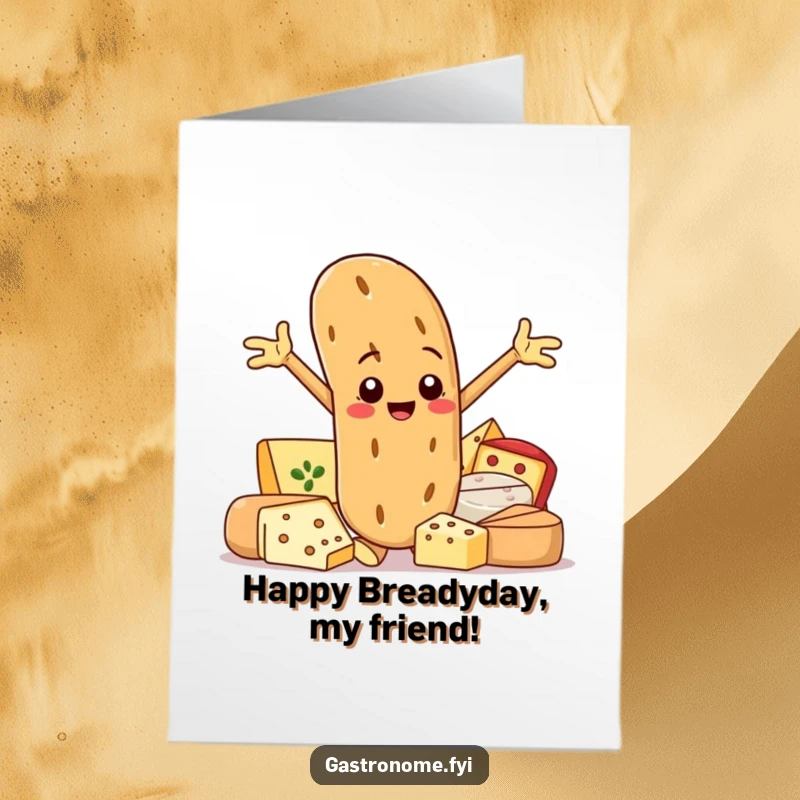 Funny Free Printable Birthday Card: Smiling baguette character proudly presents gourmet cheeses. Celebratory and foodie-focused.