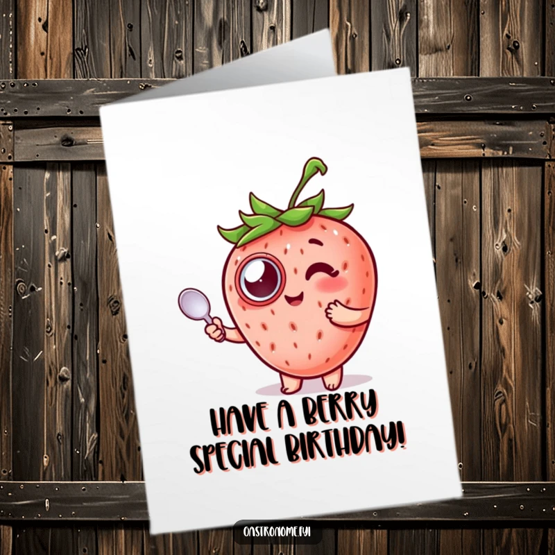 Funny Free Printable Birthday Card featuring a delighted strawberry character in a monocle holding a spoon, looking fancy.