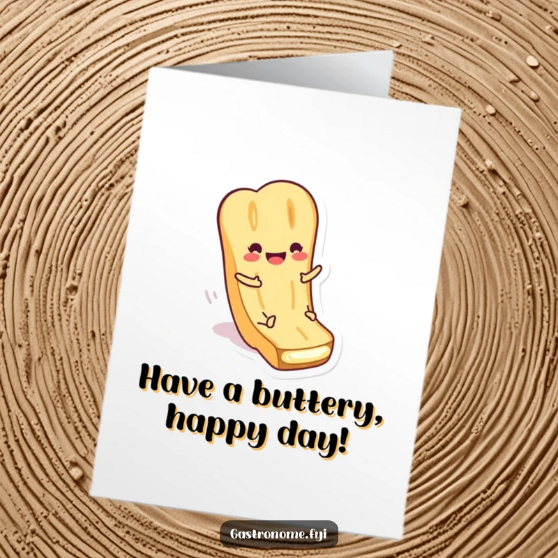 Funny Free Printable Birthday Card featuring a smiling baguette character excitedly sliding down a slick butter pat.