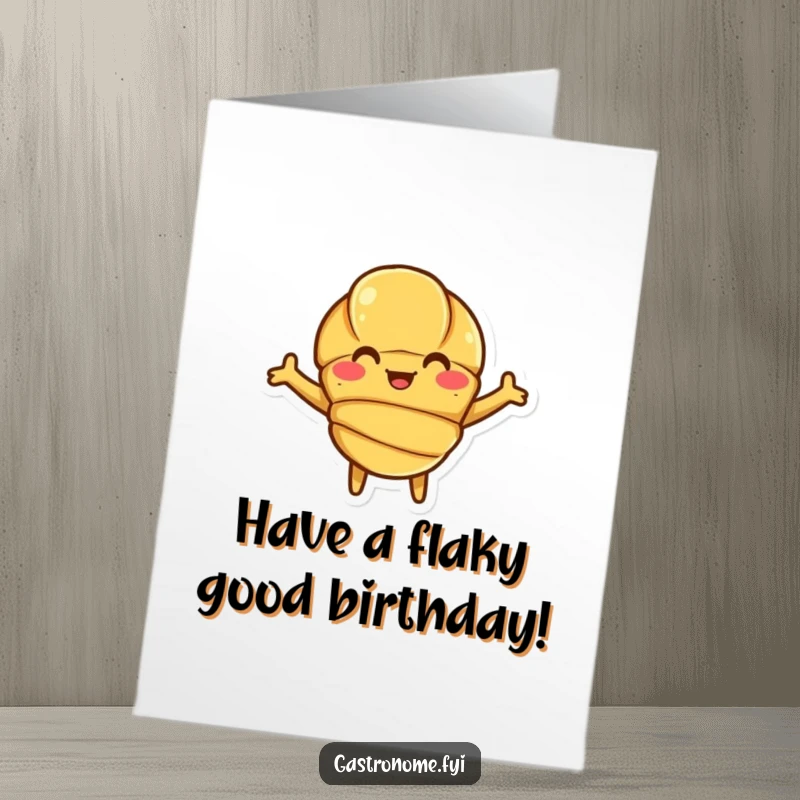 Funny Free Printable Birthday Card featuring a smiling croissant character with arms wide open, inviting a celebration.