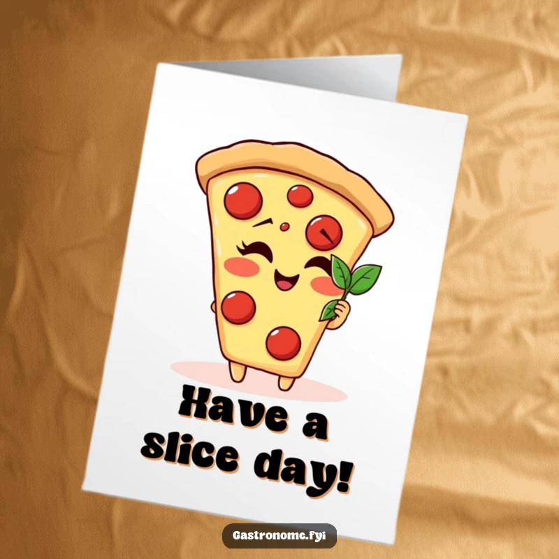 Funny Free Printable Birthday Card: a giggling pizza slice character pausing to admire a tiny basil leaf, pure joy.