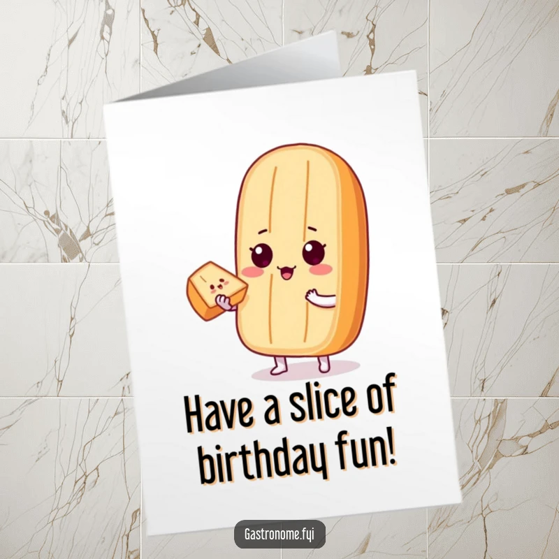 Funny Free Printable Birthday Card: A proud baguette character offering a tiny slice to another, celebrating a birthday.