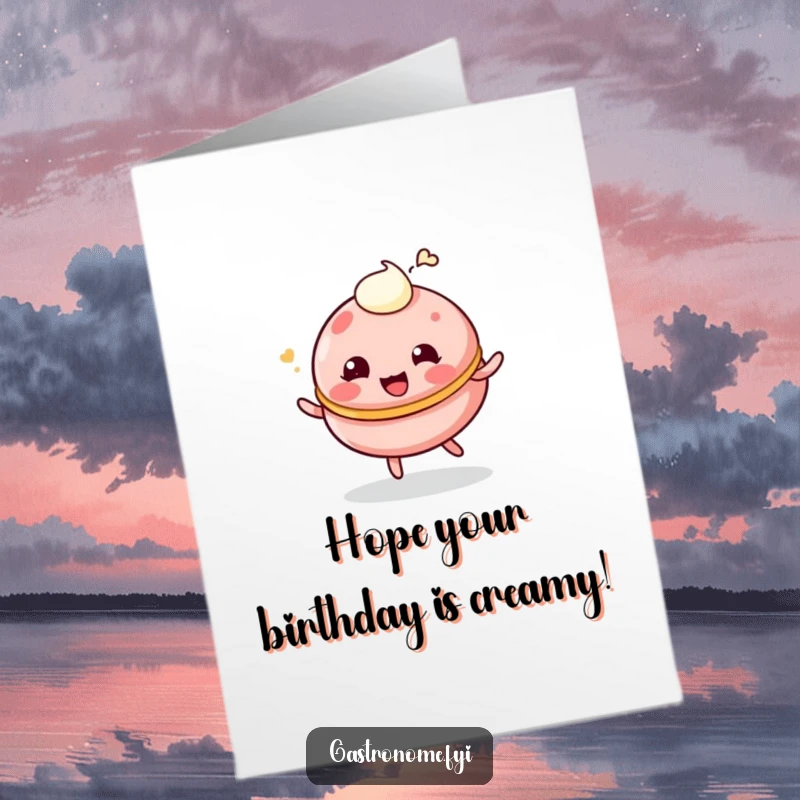 Funny Free Printable Birthday Card: A giggling macaroon character playfully bounces with a tiny dollop of cream, celebrating birthdays humorously.
