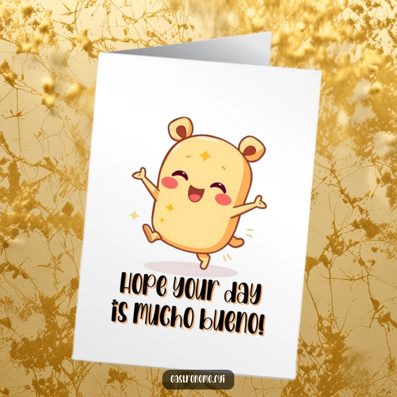 Funny free printable birthday card: A happy, dancing burrito character with vibrant colors, spreading birthday joy.