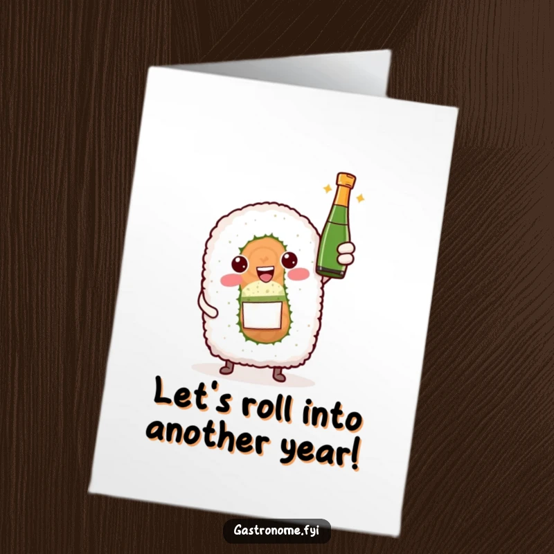 Funny Free Printable Birthday Card: Adorable sushi roll character holding up a tiny champagne bottle, ready to party and celebrate.