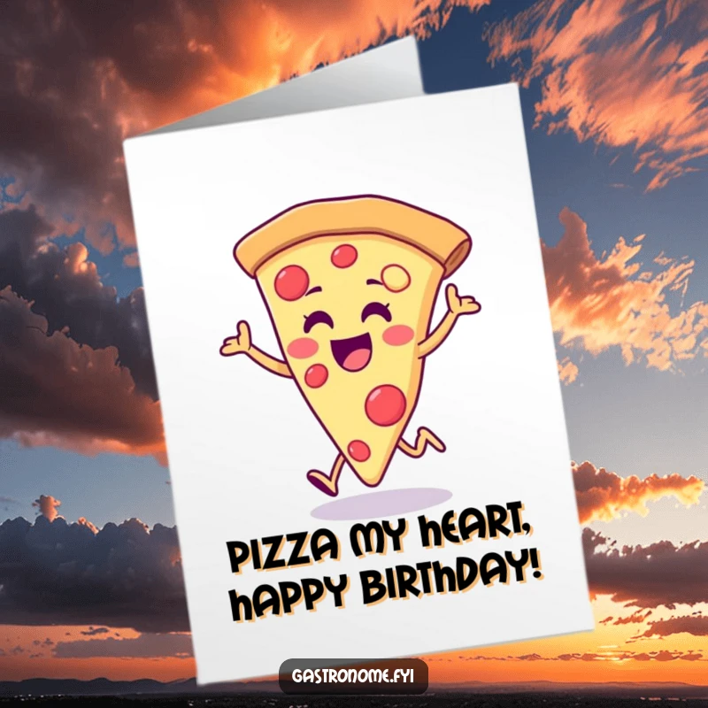 Funny Free Printable Birthday Card: A joyful pizza slice is doing a happy little hop to celebrate your special day.