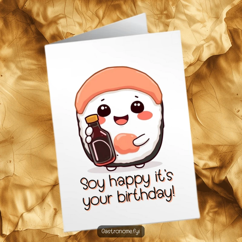 Funny Free Printable Birthday Card: A happy sushi character beams, holding a tiny soy sauce bottle contentedly.