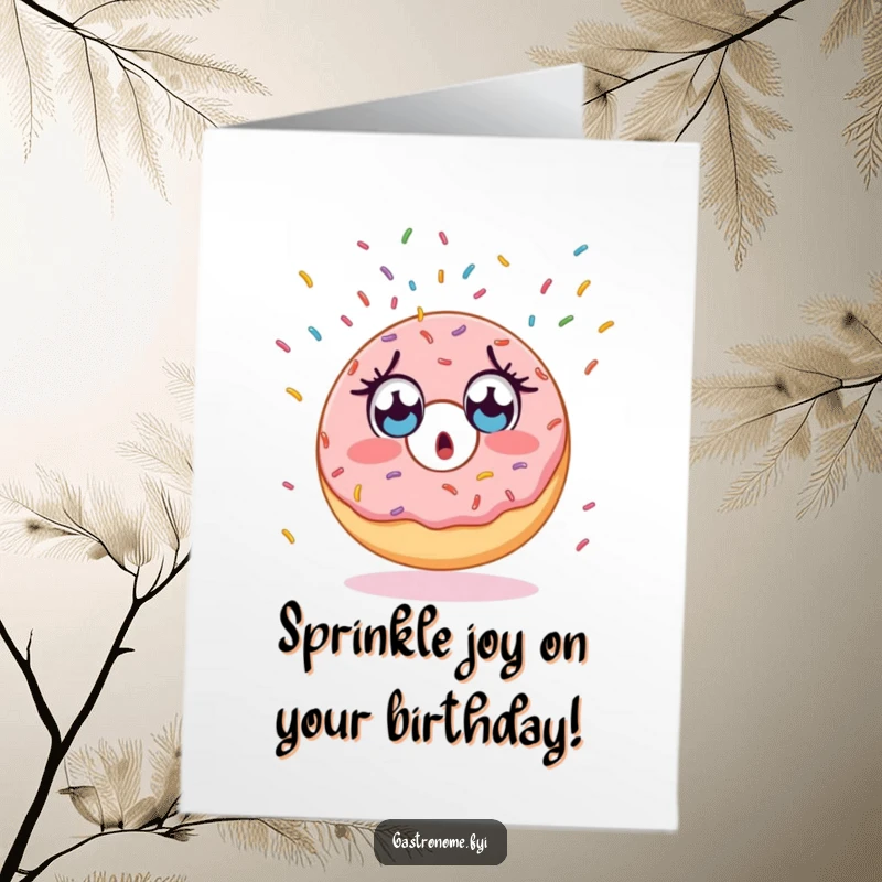 Funny Free Printable Birthday Card: A surprised donut character with wide eyes watches endless sprinkles fall, perfect for birthday fun.