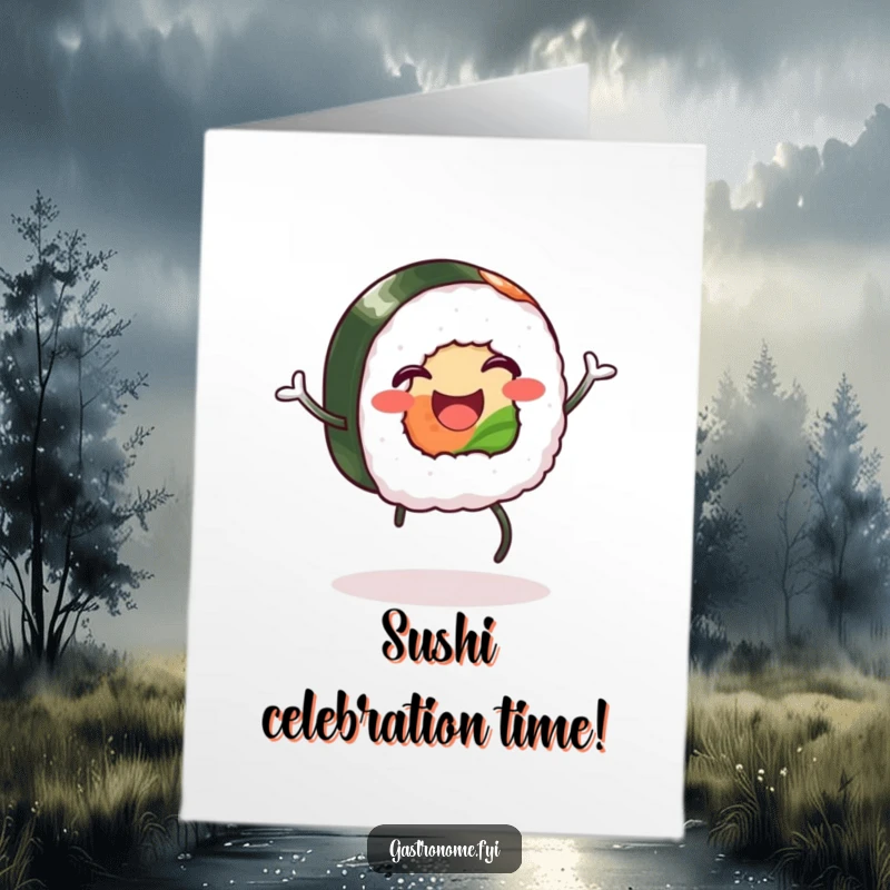 Funny Free Printable Birthday Card: A happy piece of sushi with legs is doing a silly jig, celebrating with pure delight. Downloadable gift.