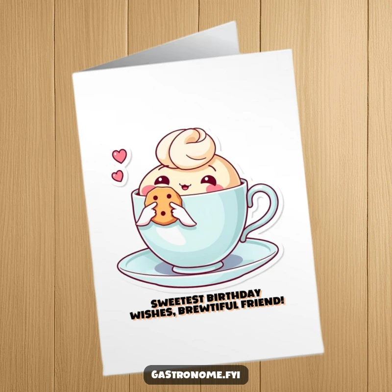 Funny Free Printable Birthday Card: A charming teacup character gently holding a tiny biscuit, offering a sweet birthday treat.