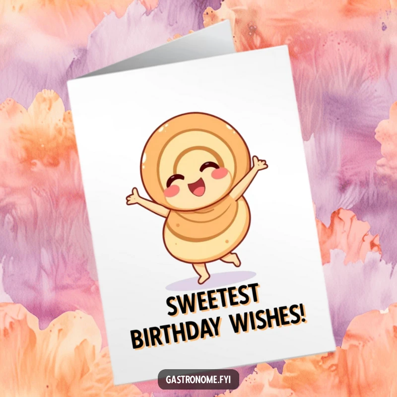Funny Free Printable Birthday Card: An overjoyed cinnamon roll doing a cheerful twirl, celebrating a special birthday.