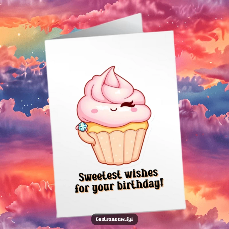 Funny Free Printable Birthday Card: Winking cupcake character presents a tiny, glittering jewel, celebrating a birthday.