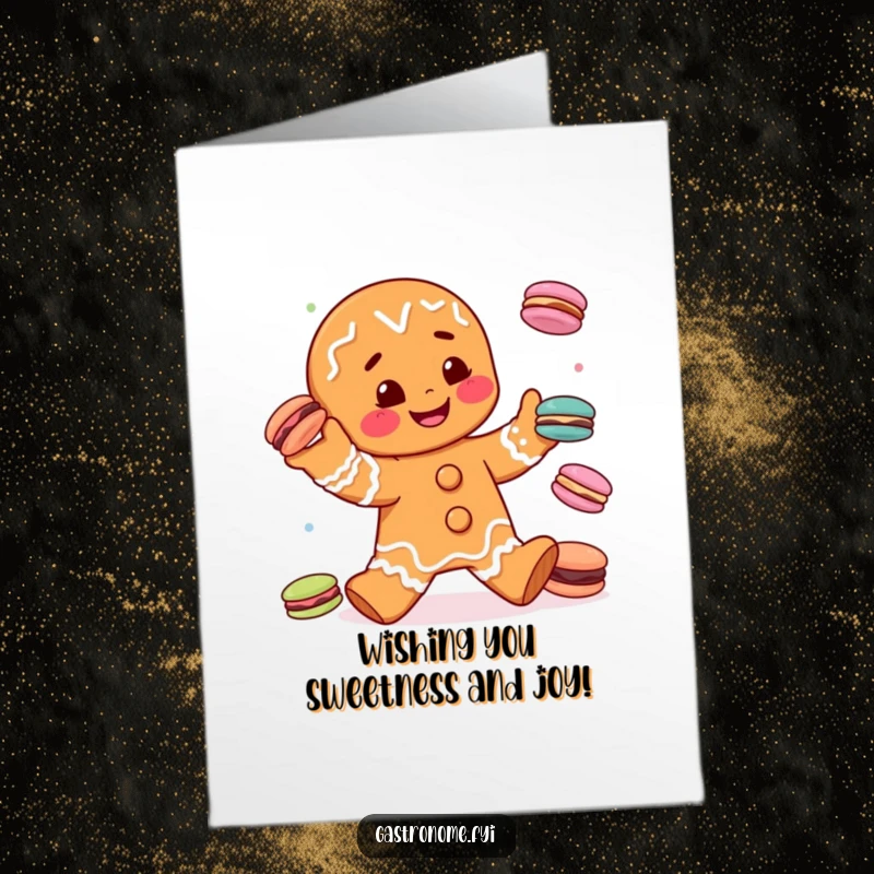 Funny Free Printable Birthday Card: Smiling gingerbread man skillfully juggling tiny colorful macarons, spreading birthday cheer joyfully.