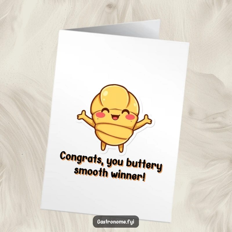 Funny Free Printable Congratulations Card with a smiling croissant character offering open arms, celebrating success.