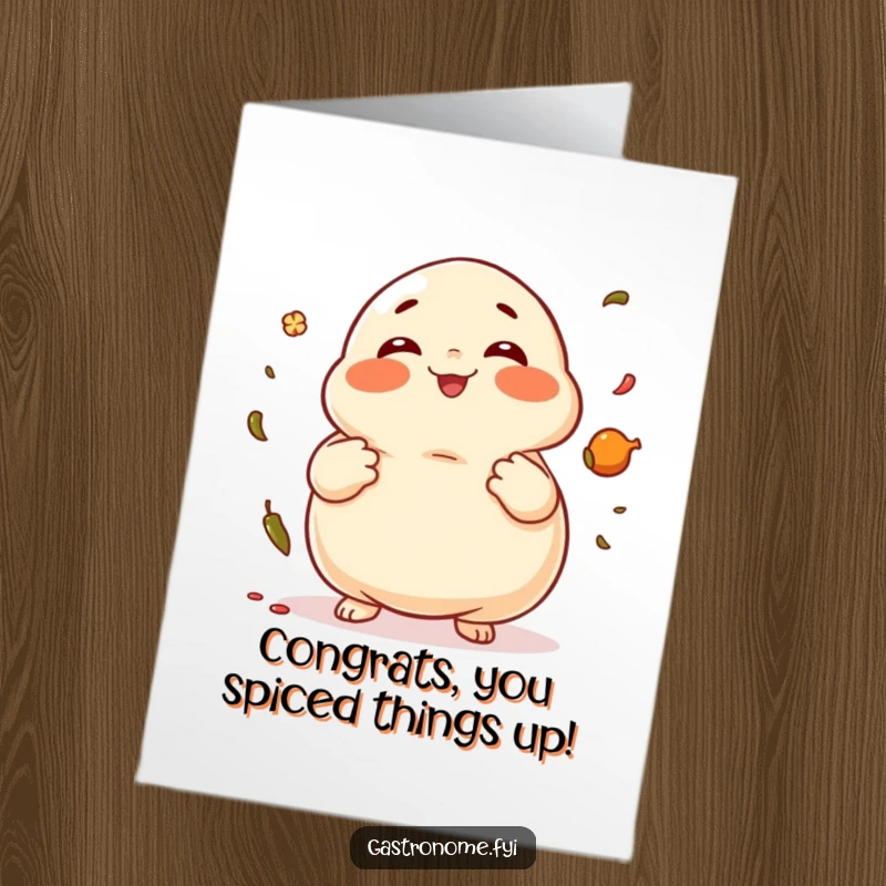 Funny Free Printable Congratulations Card with a giggling dumpling juggling spices, celebrating a win.