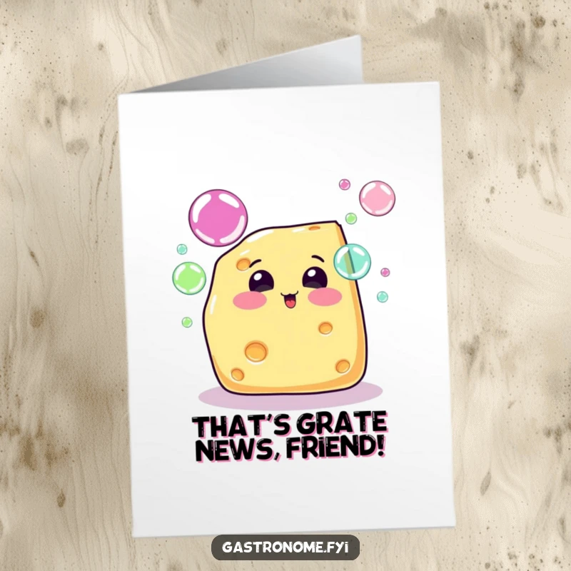 Funny Free Printable Cheese Congratulation Card: Bubbly cheese wedge character blowing rainbow bubbles to celebrate an achievement.