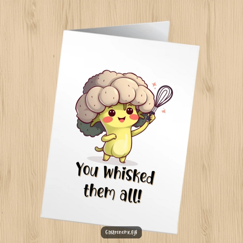 Funny Free Printable Congratulations Card: A happy broccoli character performing a dramatic flourish with a tiny whisk, celebrating a win.