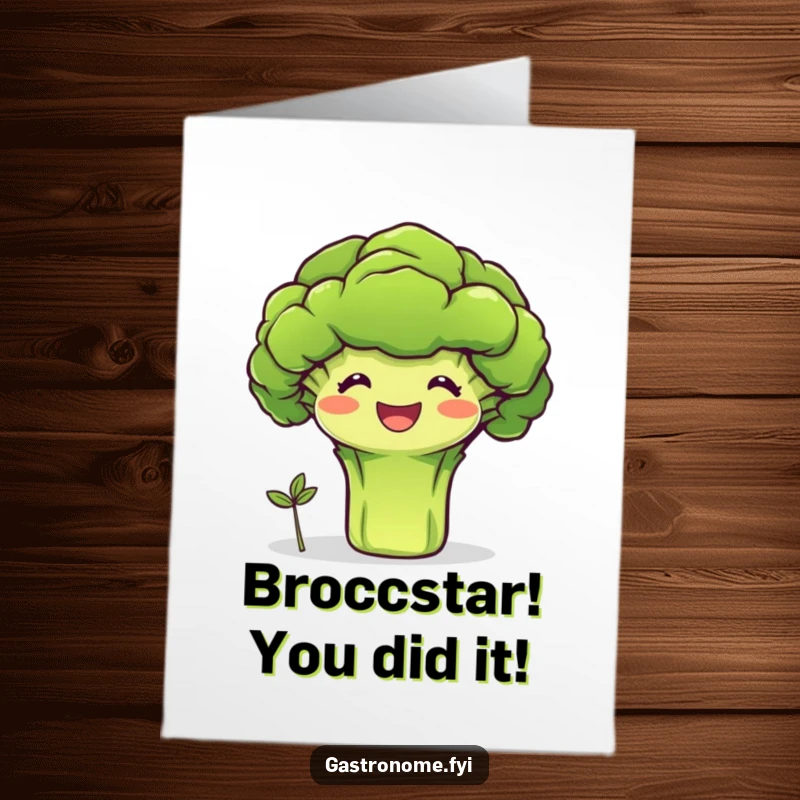 Funny Free Printable Congrats Card: Joyful broccoli proudly displays a tiny sprout, celebrating new beginnings. Wholesome and encouraging.