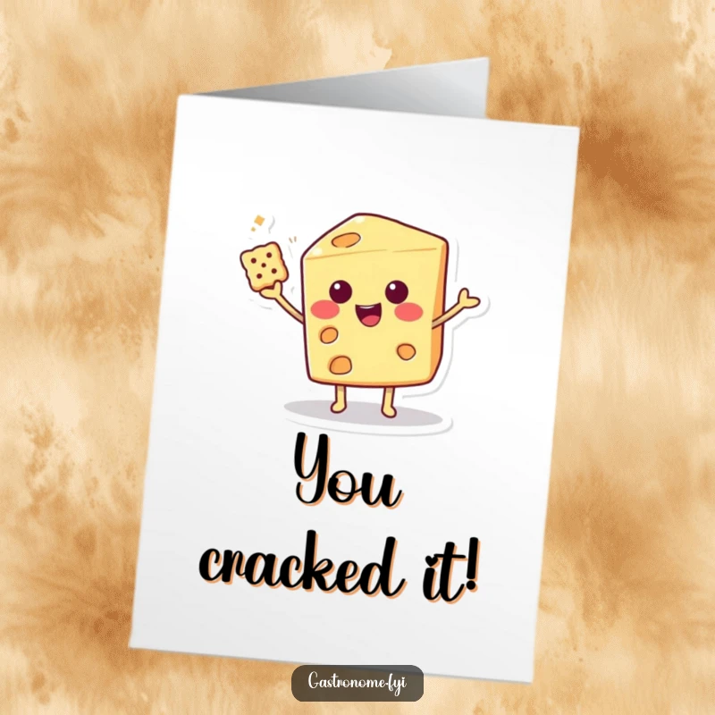 Funny Free Printable Congratulations Card showcasing a smiling cheese wedge balancing a cracker with triumphant flair. Congrats on your success!