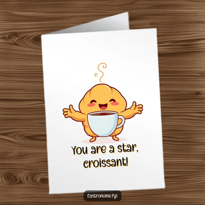 Funny Free Printable Congratulations Card of a happy croissant character embracing a steaming coffee cup. Cheers!