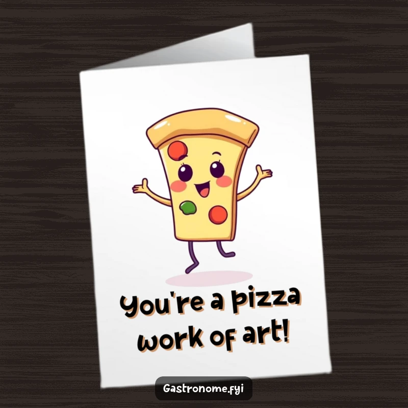 Funny Free Printable Congrats Card: Energetic pizza slice character performing a happy dance, celebrating success.