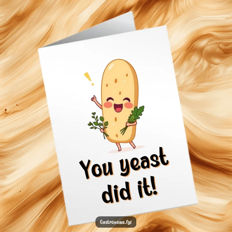 Funny Free Printable Congratulations Card: Excited baguette with a miniature herb bouquet, cheering for your success.