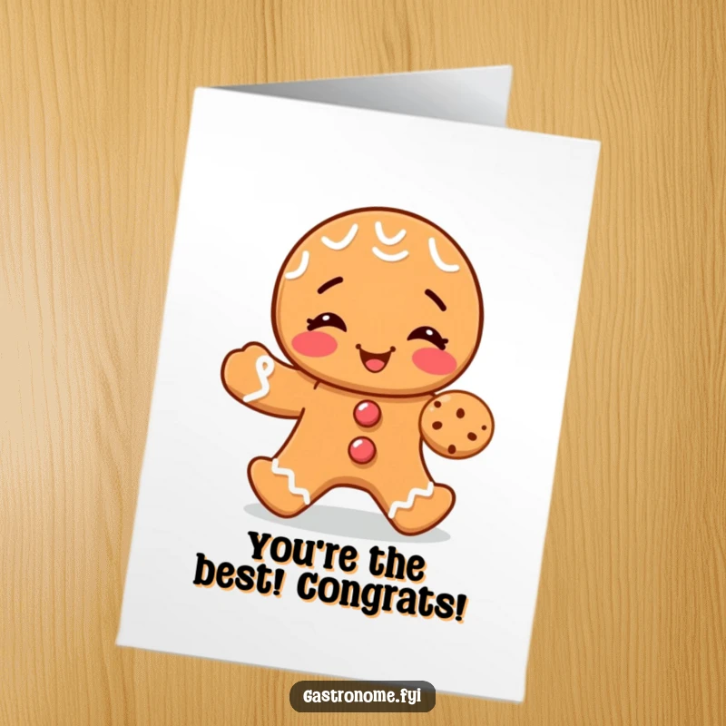 Funny Free Printable Congrats Card: Giggling gingerbread man offers a tiny cookie, celebrating a sweet accomplishment.