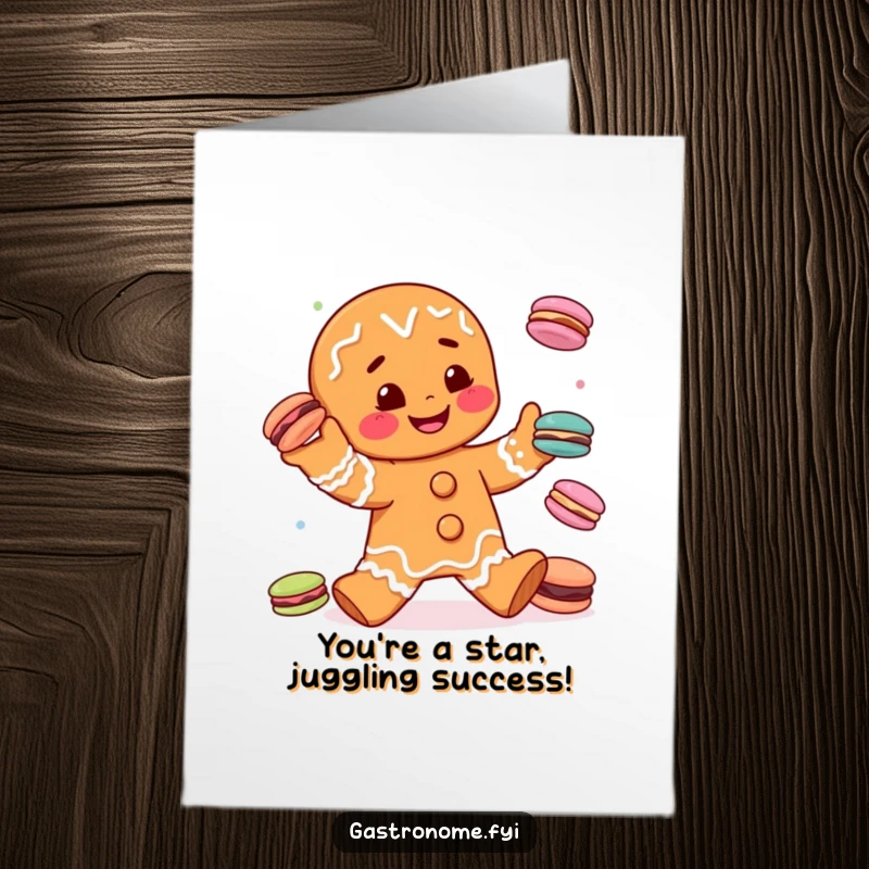 Funny Free Printable Congratulations Card: Gingerbread man with a cheerful grin, expertly juggling small macarons in celebration.