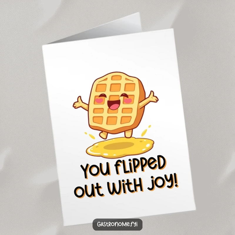 Funny free printable congratulations card: A delighted waffle character leaping over a syrup puddle, celebrating your success.
