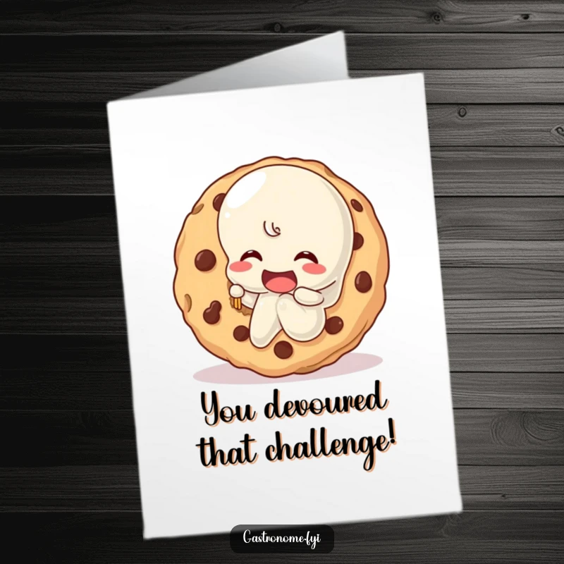 Funny Free Printable Congratulations Card: A jelly character gleefully biting into a massive cookie, celebrating a sweet victory.