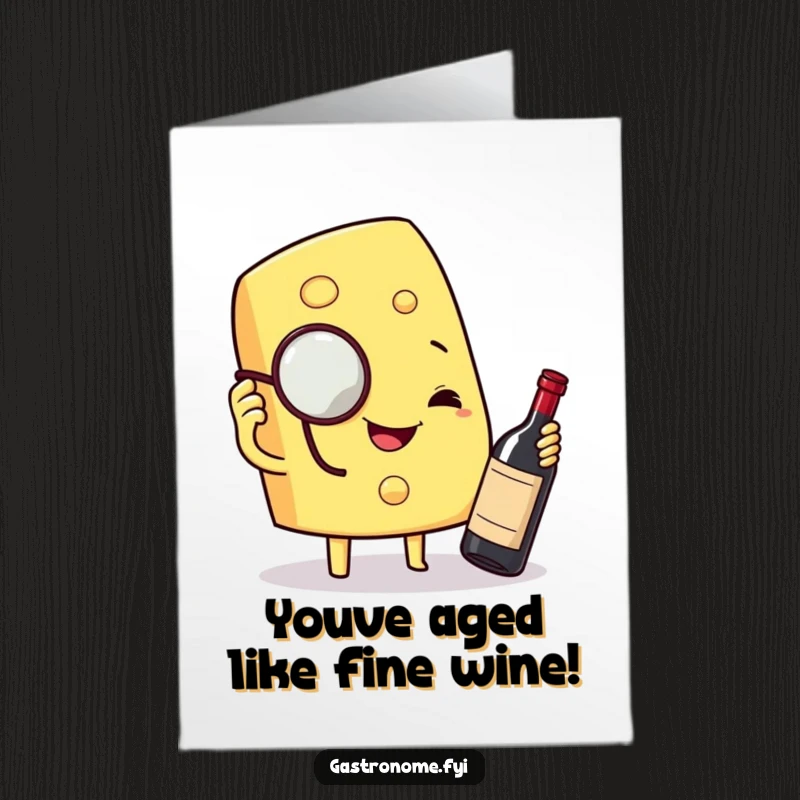 Funny Free Printable Congrats Card: Elegant cheese wedge with monocle toasts success with tiny wine bottle. Sophisticated celebration.