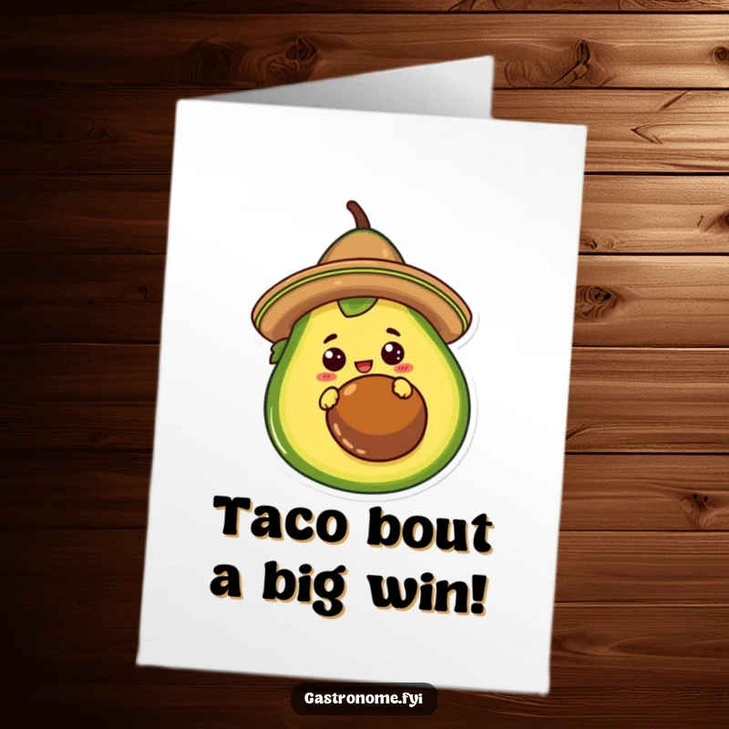 Funny Free Printable Congratulations Card with a curious taco character in a sombrero peeking from behind an avocado.