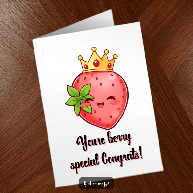 Funny Free Printable Strawberry Congratulation Card: Beaming strawberry character with a tiny crown, celebrating success with a regal smile.