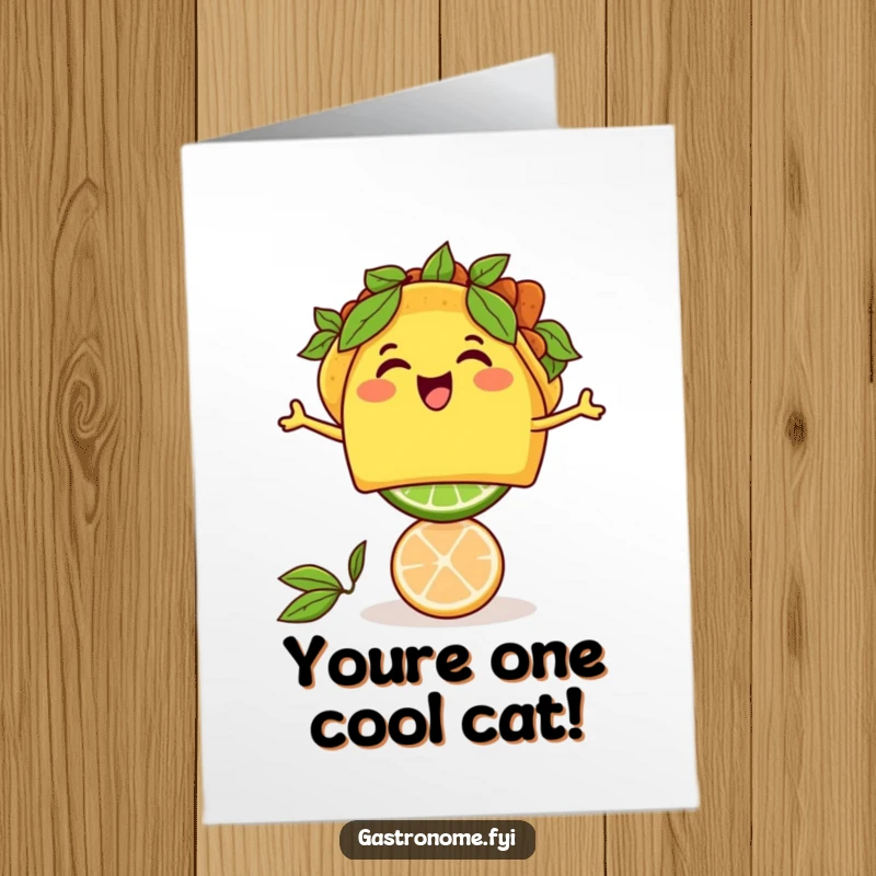 Funny Free Printable Taco Congratulation Card: Thrilled taco character balancing a lime, celebrating a major achievement with flair.