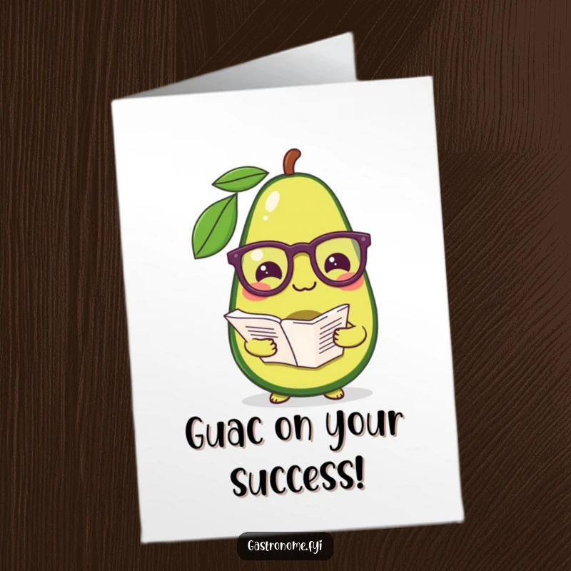 Funny Free Printable Congratulations Card: A pleased avocado with reading glasses, holding a recipe, offering smart congrats.