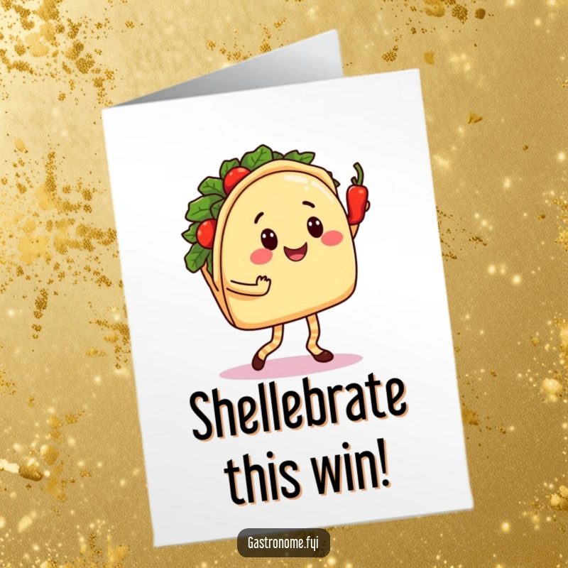 Funny Free Printable Congratulations Card: Smiling taco character dancing salsa with a spicy pepper, celebrating victory.