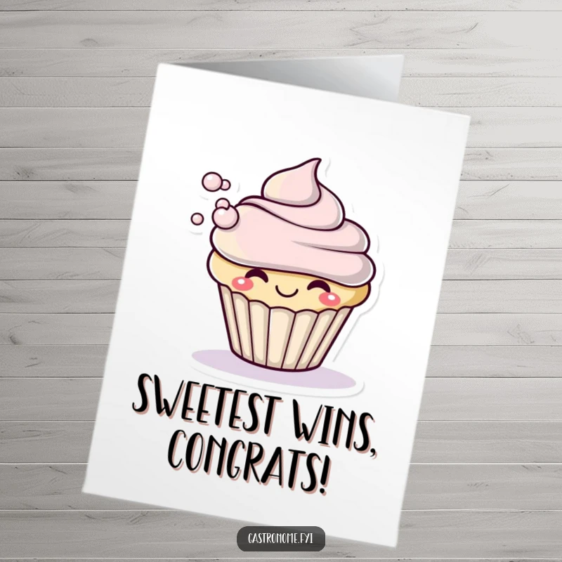 Funny Free Printable Congratulations Card with a smiling cupcake character dramatically blowing a puff of frosting.