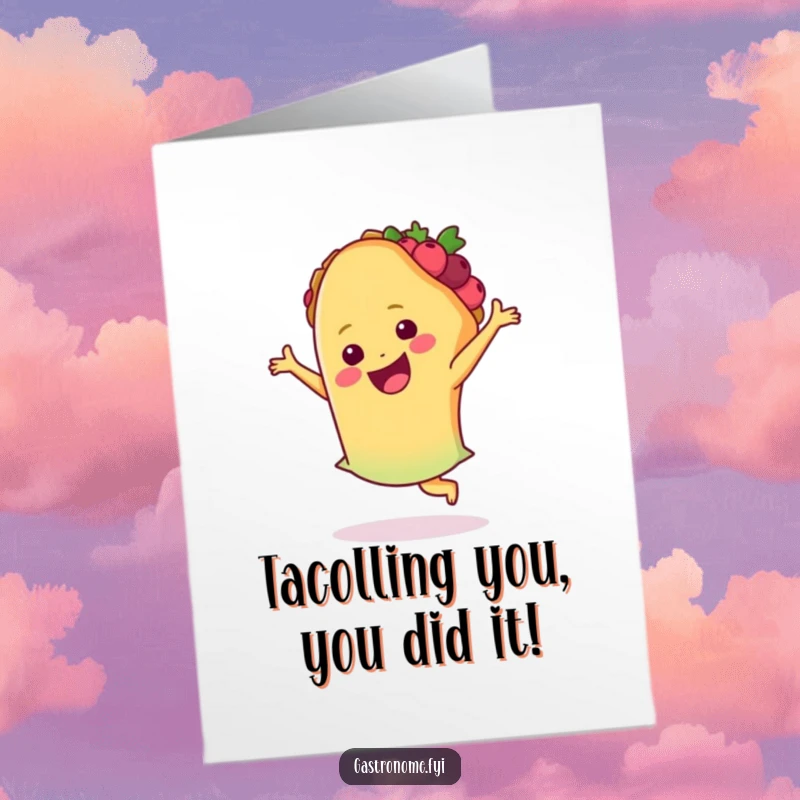 Funny Free Printable Congratulations Card: A happy taco performs a joyful salsa dance to celebrate your awesome achievement.
