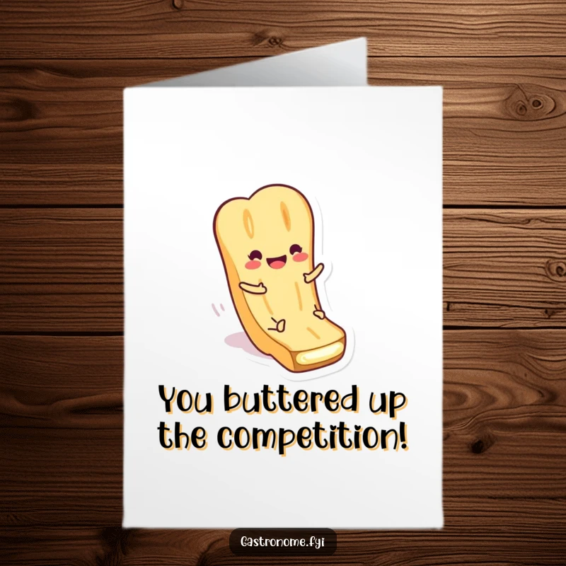 Funny Free Printable Congratulations Card of a smiling baguette character sliding down a butter pat with glee.