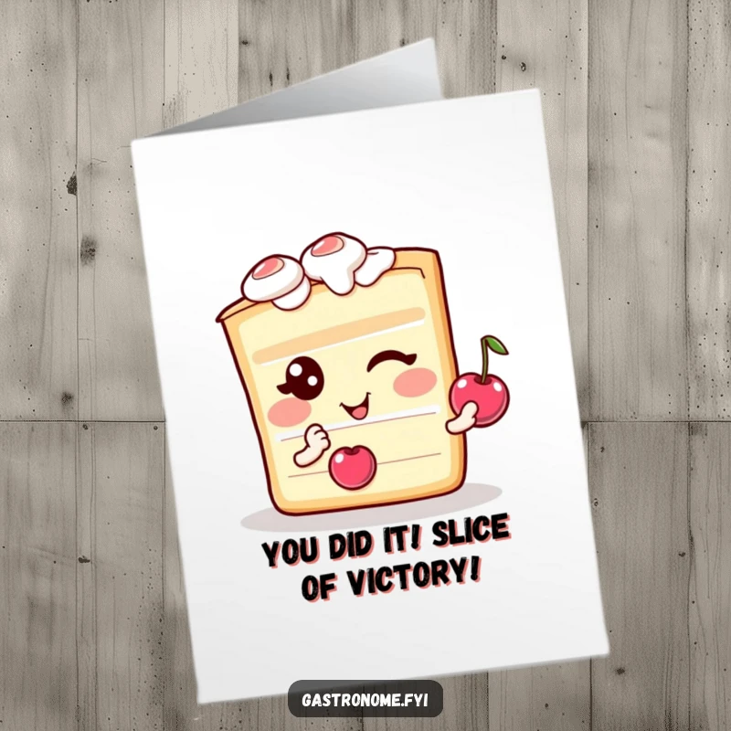 Funny Free Printable Congratulations Card: A delighted cake slice character winks, holding a cherry, celebrating achievements with humor.