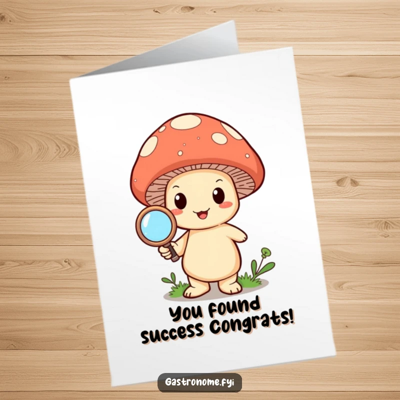 Funny Free Printable Mushroom Congratulation Card: Happy mushroom character using a magnifying glass to examine a celebration.