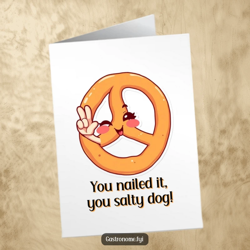 Funny Free Printable Congratulations Card: A winking pretzel character saluting stylishly, perfect for celebrating any achievement.
